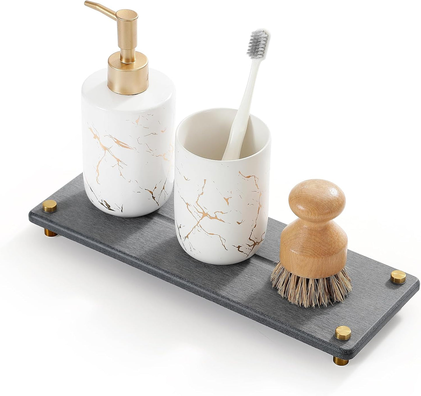 Razborci Water Absorbing Stone Sink Caddy, Diatomite Kitchen Sink Organizer, Bathroom Counter Tray, Faucet Drying Mat Coaster Soap Dish Rack Riser Dispenser Sponge Holder, Silver, White 10" x 4"