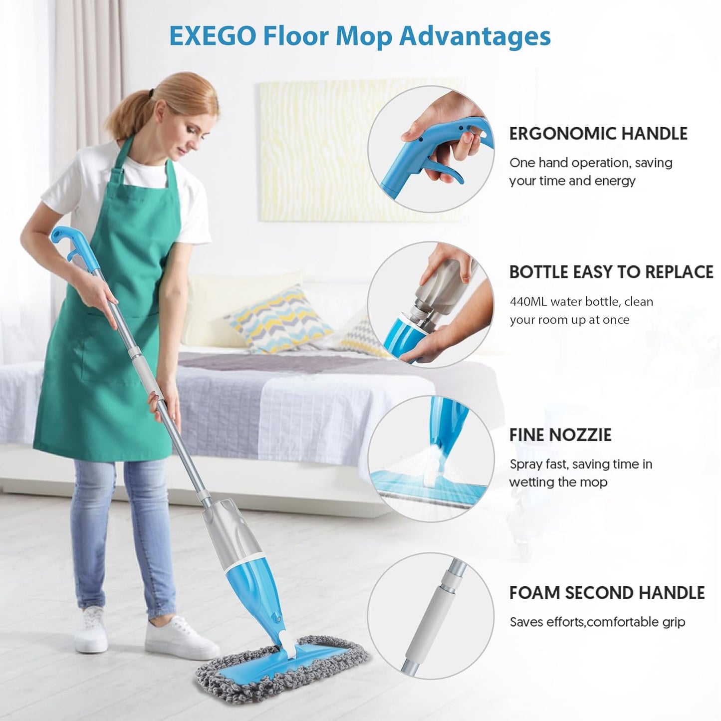 Spray Mops for Floor Cleaning: EXEGO Wet Mop with 3 Washable Microfiber Pads for Swiffer Powermop - Floor Flat Mop Dust Dry Nops for Hardwood Tile Wood Laminate Vinyl Marble - Home Commercial Mop