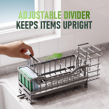 Sponge Holder for Kitchen Sink, Kitchen Sink Caddy with Long-Handled Dish Brushes Holder, 304 Rustproof Stainless Steel Countertop Organizers and Storage, Home Kitchen Sink Accessories(Silver)