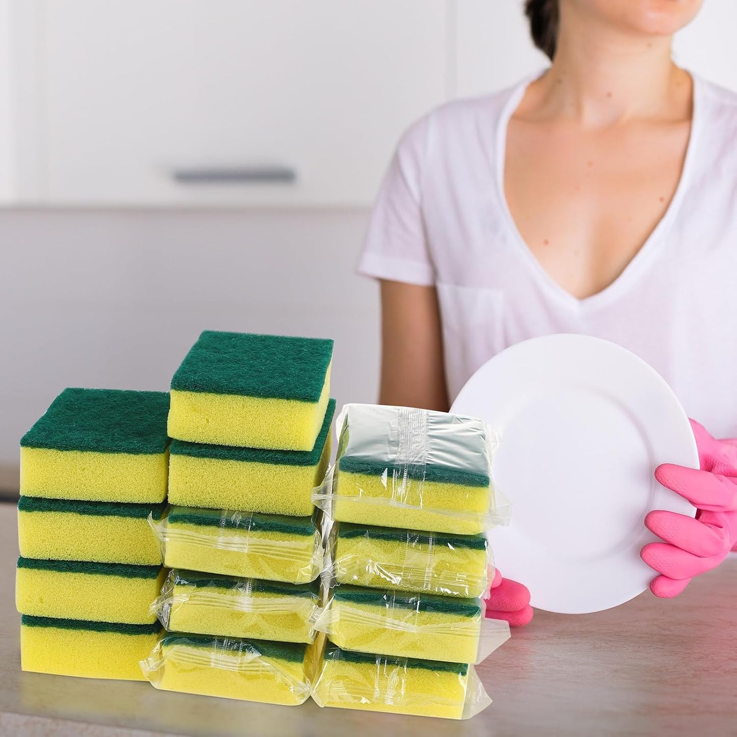 50 Pcs Individually Wrapped Sponges, Uncompressed Non Scratch Scrouing Sponges for Household Cleaning Dishes Kitchen Airbnb Apartment Car Bike Gray