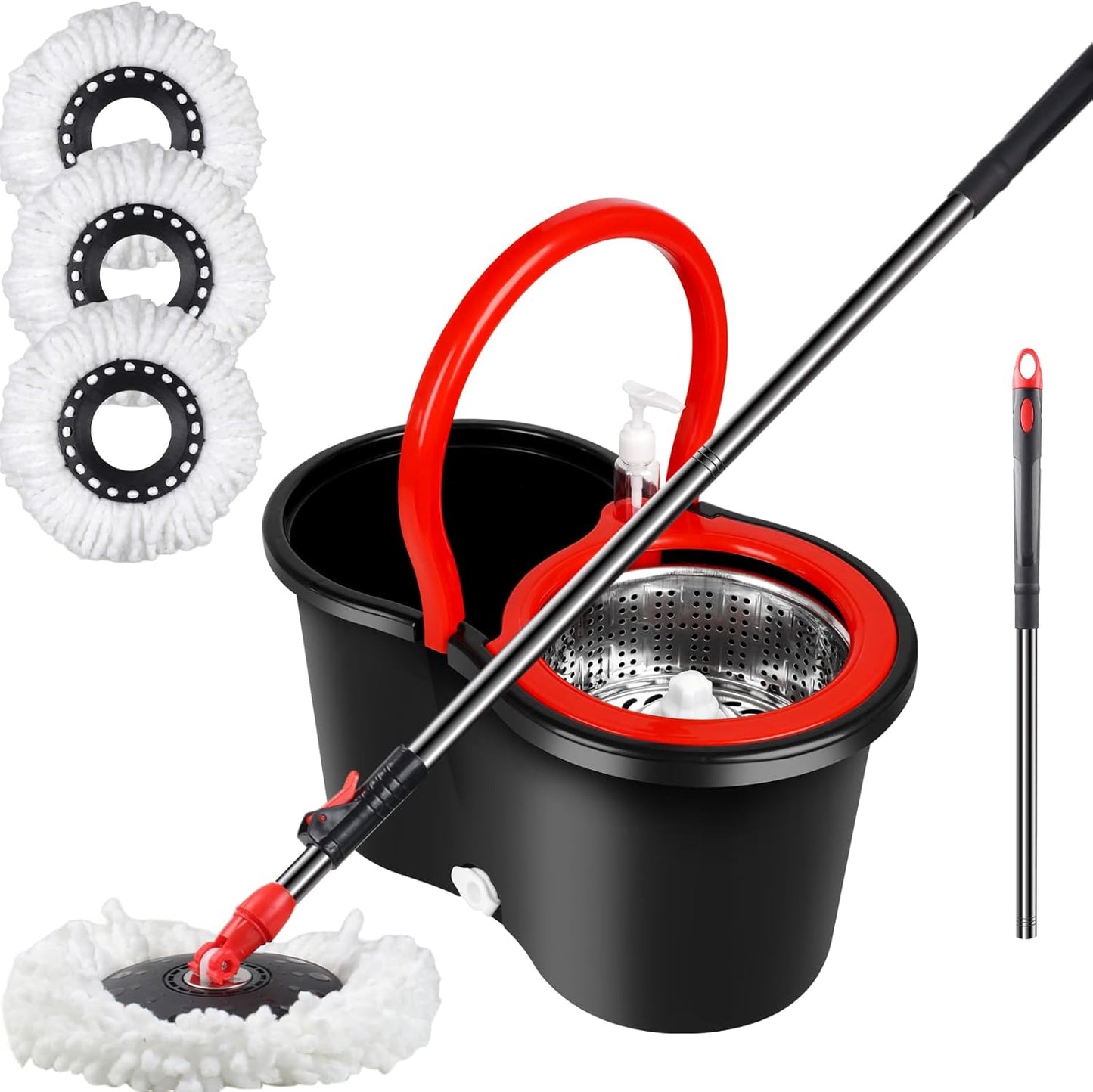 Spin Mop and Bucket with Wringer Set, 360° Spinning Mop Bucket System with 3 Microfiber Mop Replacement Heads, Adjustable Handle for Floor Cleaning (red)