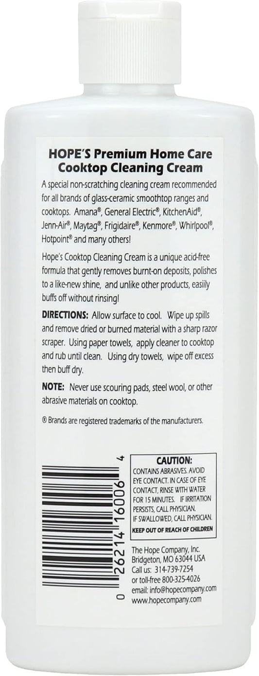 HOPE'S Cooktop Cleaning Cream, Fast Acting No-Rinse Cooktop Cleaner for Glass Ceramic Cooktops and Stoves, Removes Burnt-on Stains, 10 Oz Net Weight (8 Fl Oz), Pack of 1