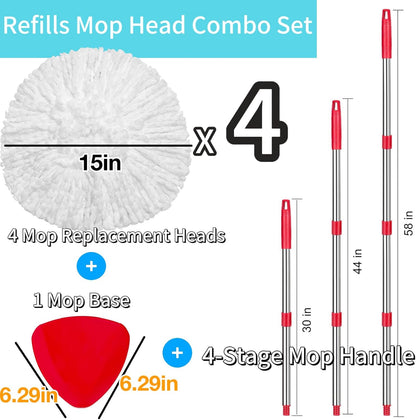 2 Pack Spin Mop Replacements Head Compatible for O ceda EasyWring 1 Tank System, Microfiber Mops Refills Hardwood Floor Cleaning, Base and 30-58in Handle Set Combo