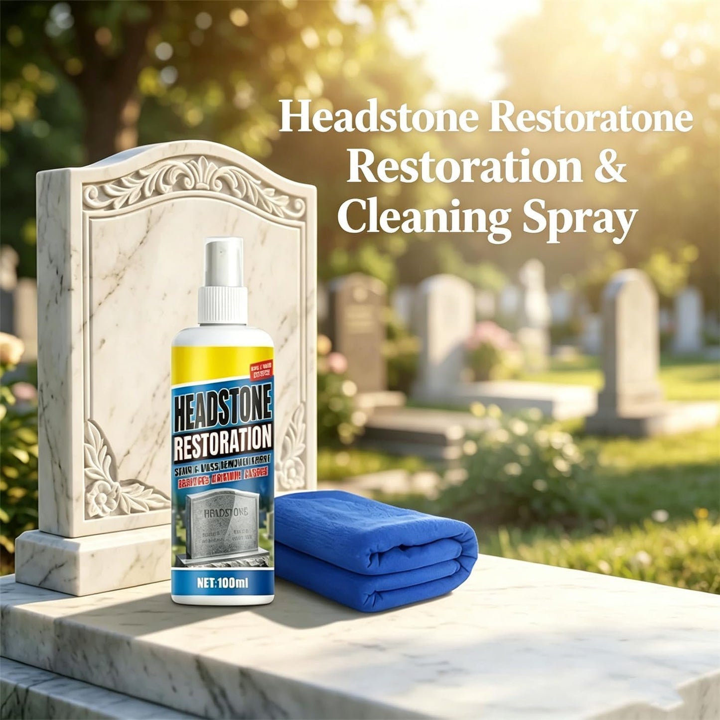 Headstone Restoration and Cleaning Spray - Tombstone Monument Cleaner for Granite Marble Cemetery Memorials - Gentle Stone Care Formula 100ml/3.4oz (2PCS+2*Towel)