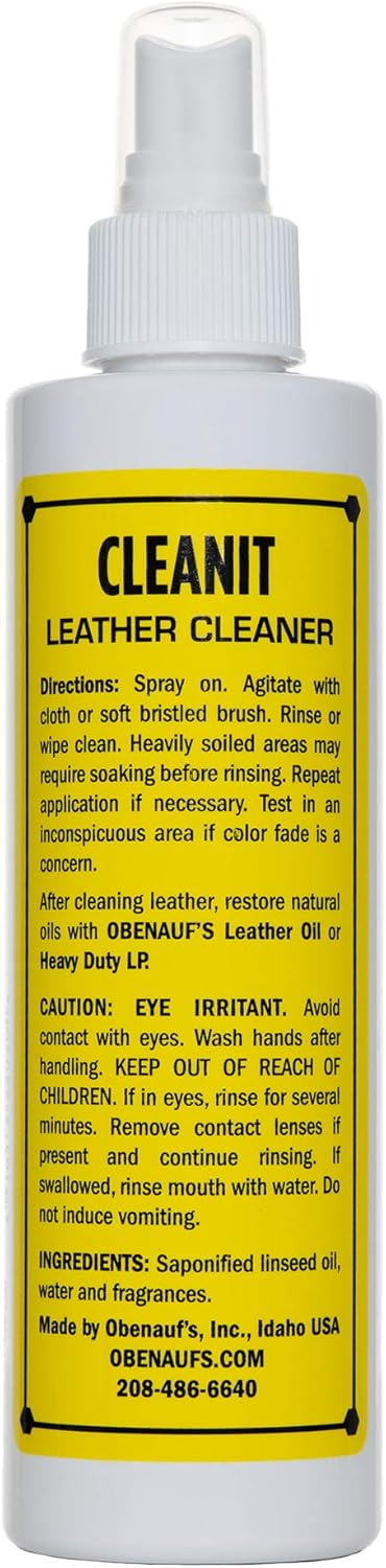 Obenauf's Cleanit Leather Cleaner - Natural Plant Oil Leather Cleaner for Boots, Furniture and Car Interior - Safe and Gentle Non-Detergent Oil Liquid Soap - Ready-to-use 8oz Spray Bottle