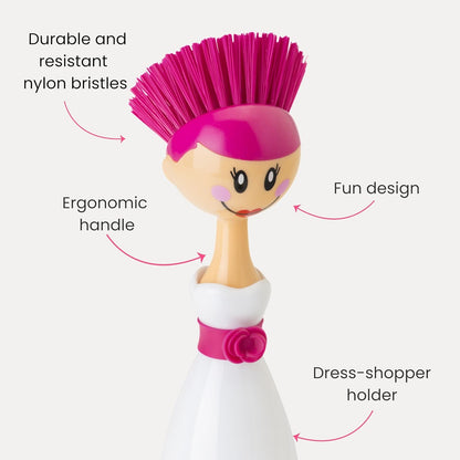 Vigar Dolls Dish Brush with Ergonomic Handle and Dres-shaped Storage Holder - Scrub Brush for Pans, Pots, Kitchen Sink Cleaning, Blue/Pink