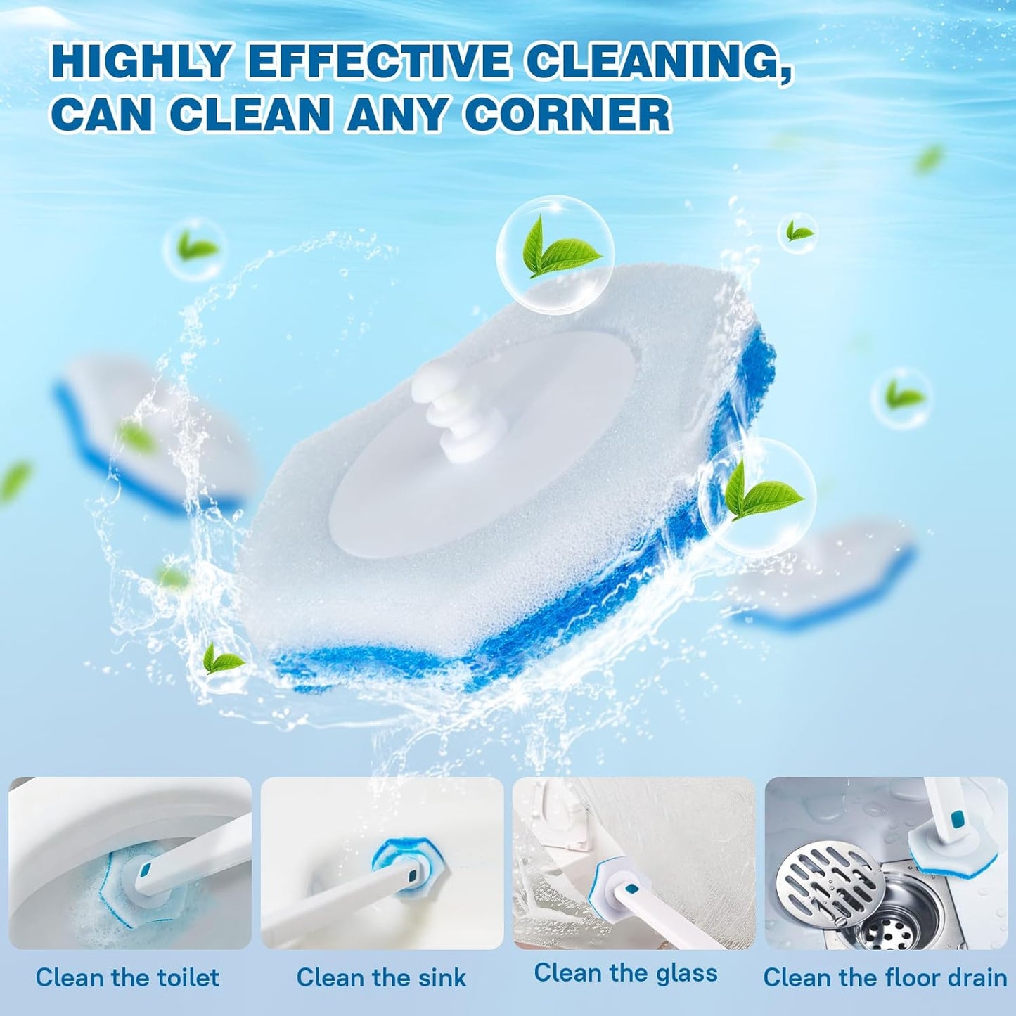 Disposable Toilet Brush Set with Holder, White and Blue, Includes 16 Cleaning Refills (1+16 Refills)