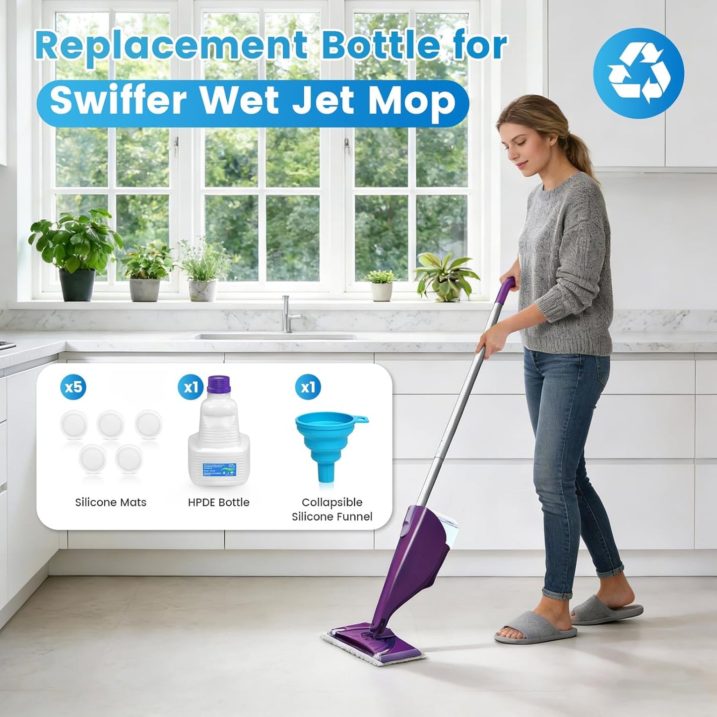 1 Pack Refillable Bottle for Swiffer Wet Jet Mop - 500ML Leak-Proof HDPE Empty Cleaner Solution Bottle with 5 Silicone Gaskets & 1 Funnel Wood Care & Pet Safe, Eco-Friendly