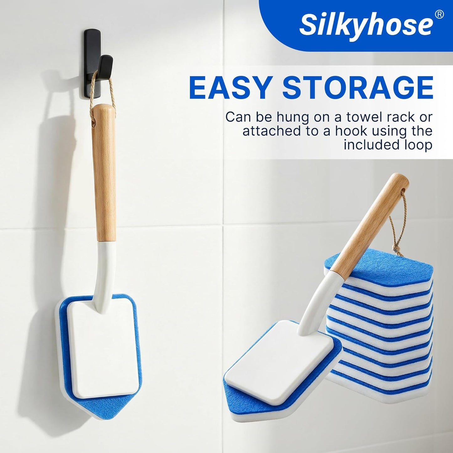 Tub Tile Scrubber Brush – 2 Pack with Wooden Handle, Includes 10 Melamine Sponge Eraser Heads | Non-Scratch Cleaner for Bathtub, Shower Wall, Grout, Kitchen Sink