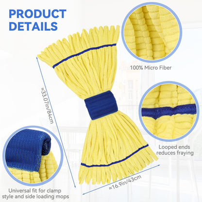 Heavy Duty Commercial Mop Head Replacement Microfiber Tube Mop Heads for Floor Cleaning: 3 Packs Looped End Wet Mop Head Refill for Home Commercial Industrial Use (Yellow)