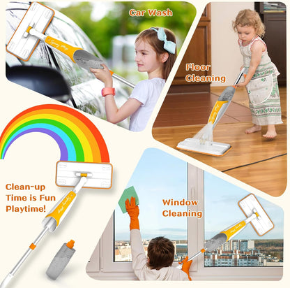 Kids Spray Mop Toy with 420ML Refillable Water Bottle, Montessori Toddler Cleaning Set for Real Floor Cleaning, Pretend Play Toy Housekeeping Kit with 2 Washable Microfiber Pads and Scraper, Orange
