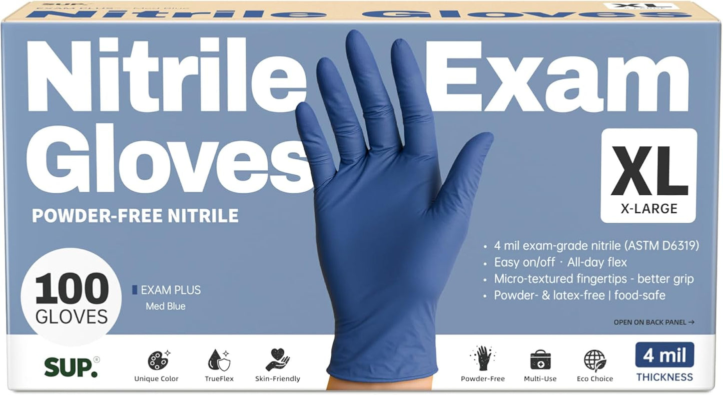 SUP Powder-Free Nitrile Exam Gloves, 100 Count Food Safe Latex-Free Medical Non-Sterile Cooking Disposable Glove, Blue