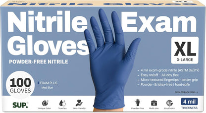 SUP Powder-Free Nitrile Exam Gloves, 100 Count Food Safe Latex-Free Medical Non-Sterile Cooking Disposable Glove, Blue