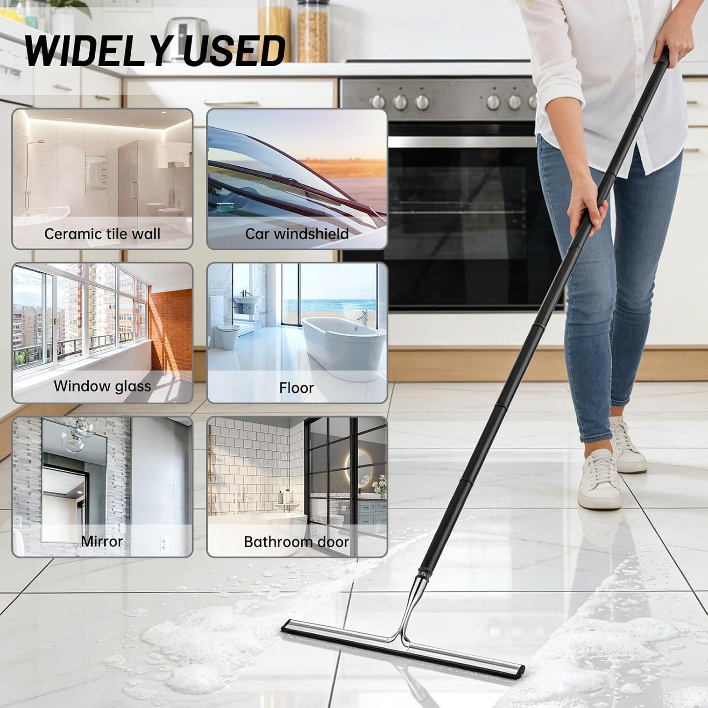 Squeegee for Shower Glass,Shower Squeegee for Glass Doors,Telescopic Window Squeegee for High Windows,Includes Towel Sleeves,Replacement Silicone Blade&Hooks,2 in 1 Queegee for Window Cleaning Kit