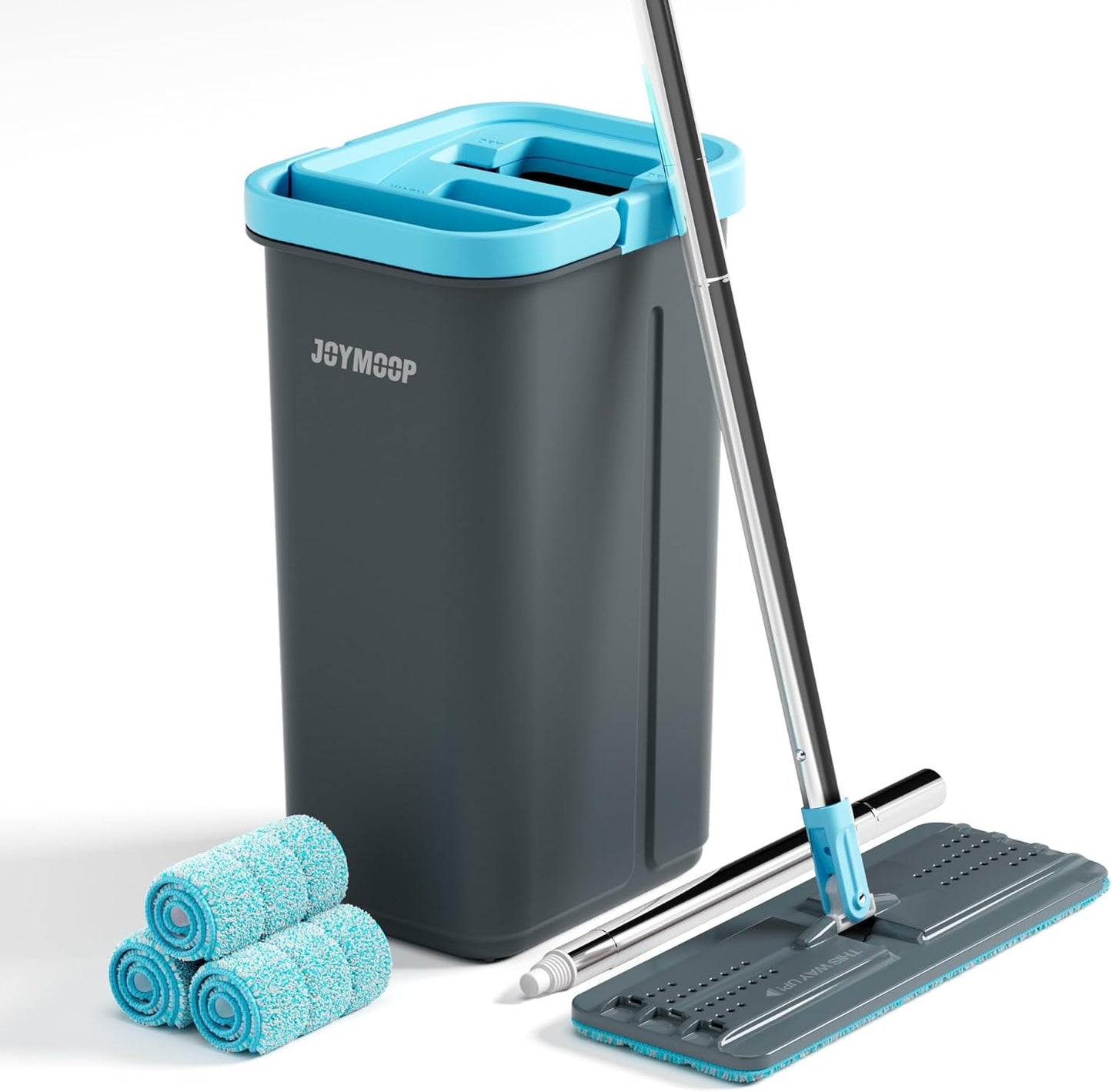 JOYMOOP Microfiber Flat Mop and Bucket System, Mops for Floor Cleaning and Wall Cleaner, Hardwood, Tile, Laminate, Vinyl Floors, Smooth Walls, and Glass Windows - 50" Flat Mop+1 Microfiber Pad[White]