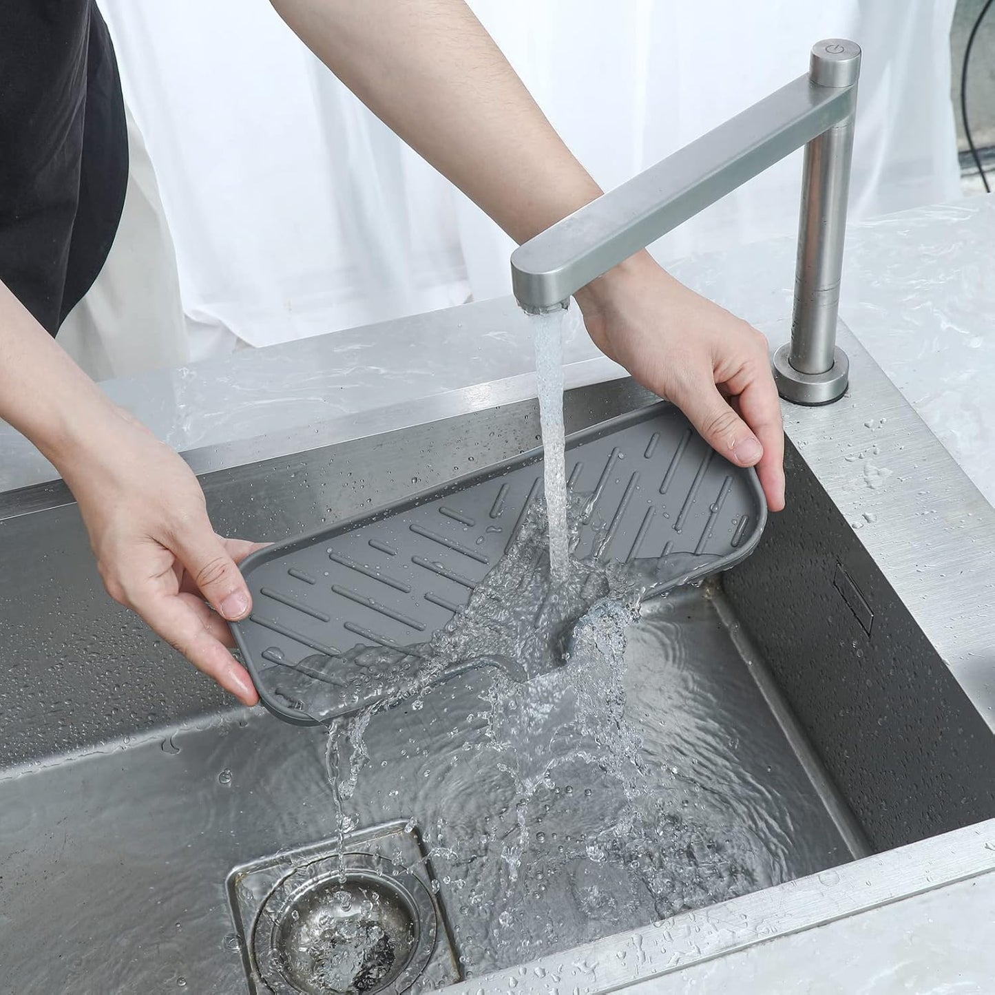 MicoYang Silicone Bathroom Soap Dishes with Drain Spout-Bathroom and Kitchen Sink Organizer,Sponge Holder,Dish Soap Tray,Perfect for Dispenser,Scrubber,Bottle,Cup on Sink or Counter-Black 4.9"×3.2"