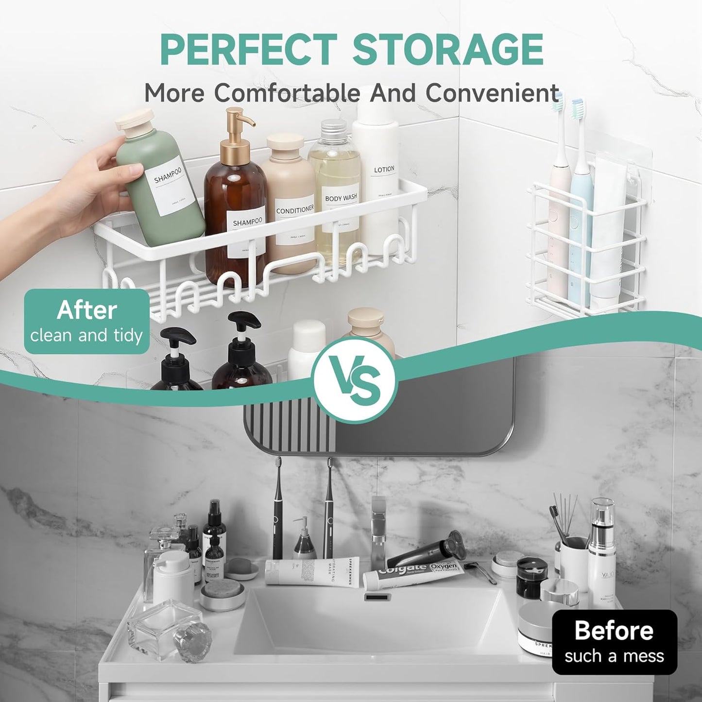 Veken Shower Caddy 6-Pack, Advanced Rustproof Design, No Drilling Adhesive Shelves, Rack with Soap Holder, Large Capacity Bathroom Organizers and Storage, Wall-Mounted, Gifts for Women Mom