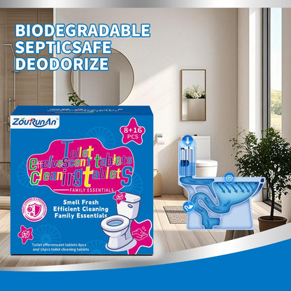 2-in-1 Toilet Cleaning Tablets (48 Pack) - 16 Effervescent Toilet Bowl Stain Remover and 32 Blue White Toilet Tank Cleaner Tablets - Limescale Removal for Septic System