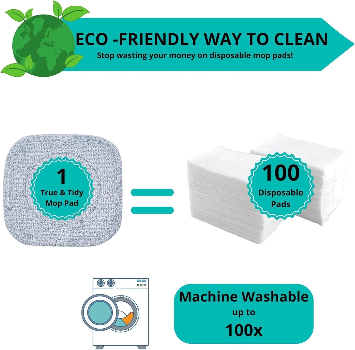 True & Tidy Silicone Sweeper Mop Head + 2pc Machine Washable Microfiber Pad for SPIN-800 TrueClean Mop and Bucket System Square Spin Accessories Set