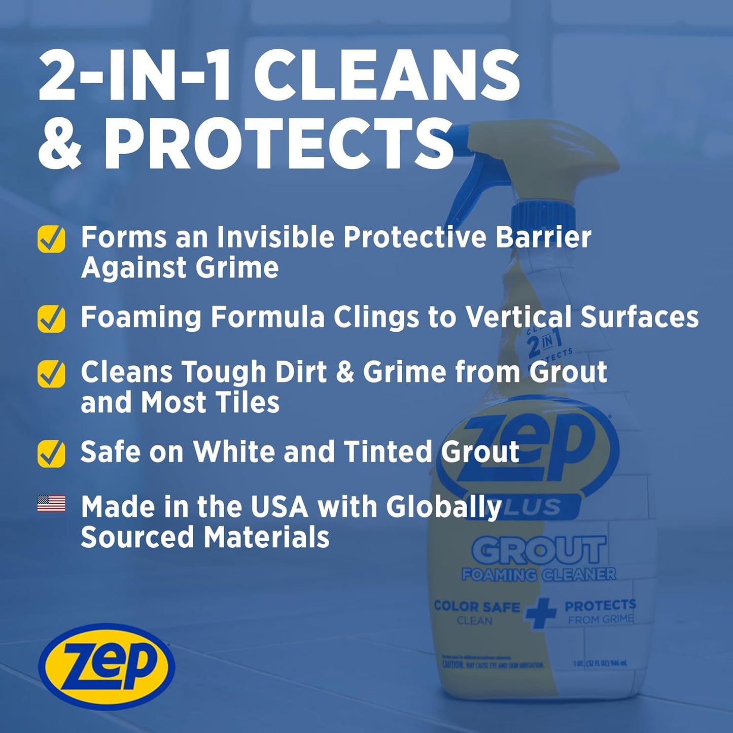 Zep Plus Foaming Grout Cleaner 32 oz – (2 Units) and a Blue Microfiber Rag ECBD023 - Color-Safe Tile and Grout Cleaners for Ceramic, Porcelain and Stone