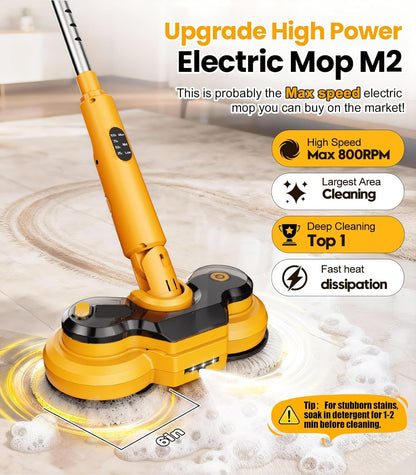 qimedo 800RPM Cordless Electric Mop, 6000mAh Battery Electric Power Scrubber & Mops for Floor Cleaning, Best Automatic Spin Mops with Smart Display,Rotating Mop with LED Light & Water Spray