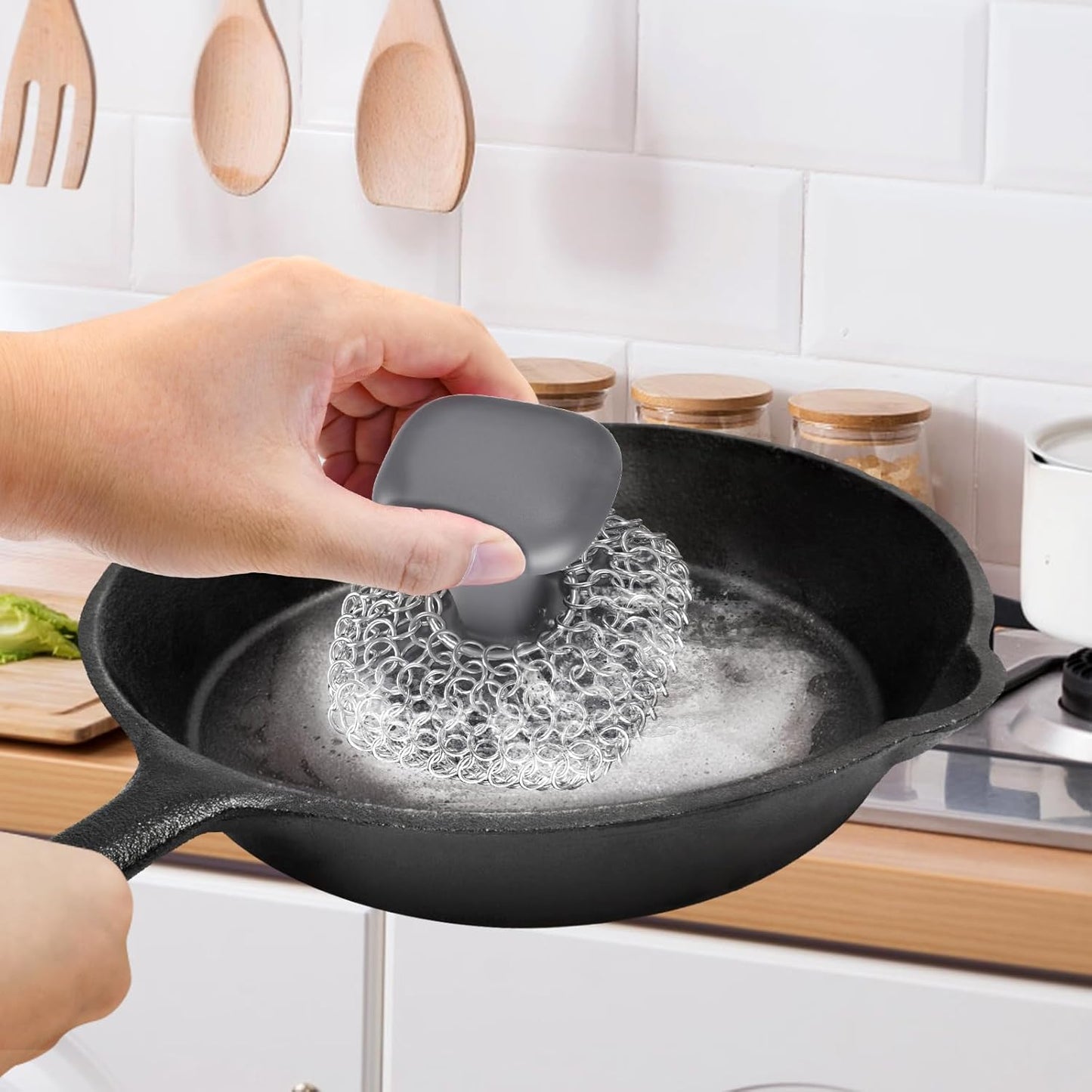 Cast Iron Scrubber | Dish Scrub Brush | 316 Cast Iron Cleaner Chainmail Scrubber for Pan Skillet Cleaner - Dish Scouring Pad Dishwasher Safe Cleaning Kit, Blue