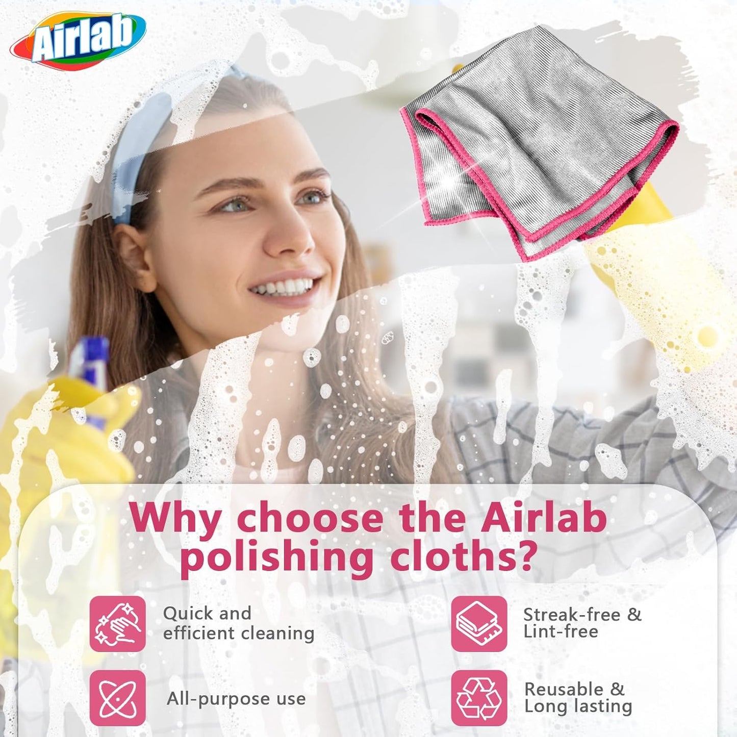 Glass Polishing Cloth Streak Free Miracle Cleaning Cloth Lint Free Microfiber Cleaning Rags for Glasses Kitchen Dish Mirrors Easy Clean, Pack of 6, 12" x 12"