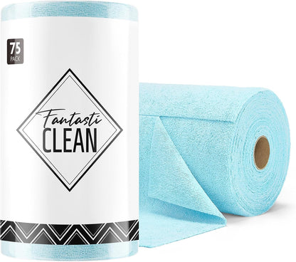 Fantasticlean Microfiber Cleaning Cloth Roll -75 Pack, Tear Away Microfiber Towels, 12" x 12", Reusable, Washable, Scratch Free, Ultra Absorbent Dishcloth for All-Around Cleaning Supplies (White)