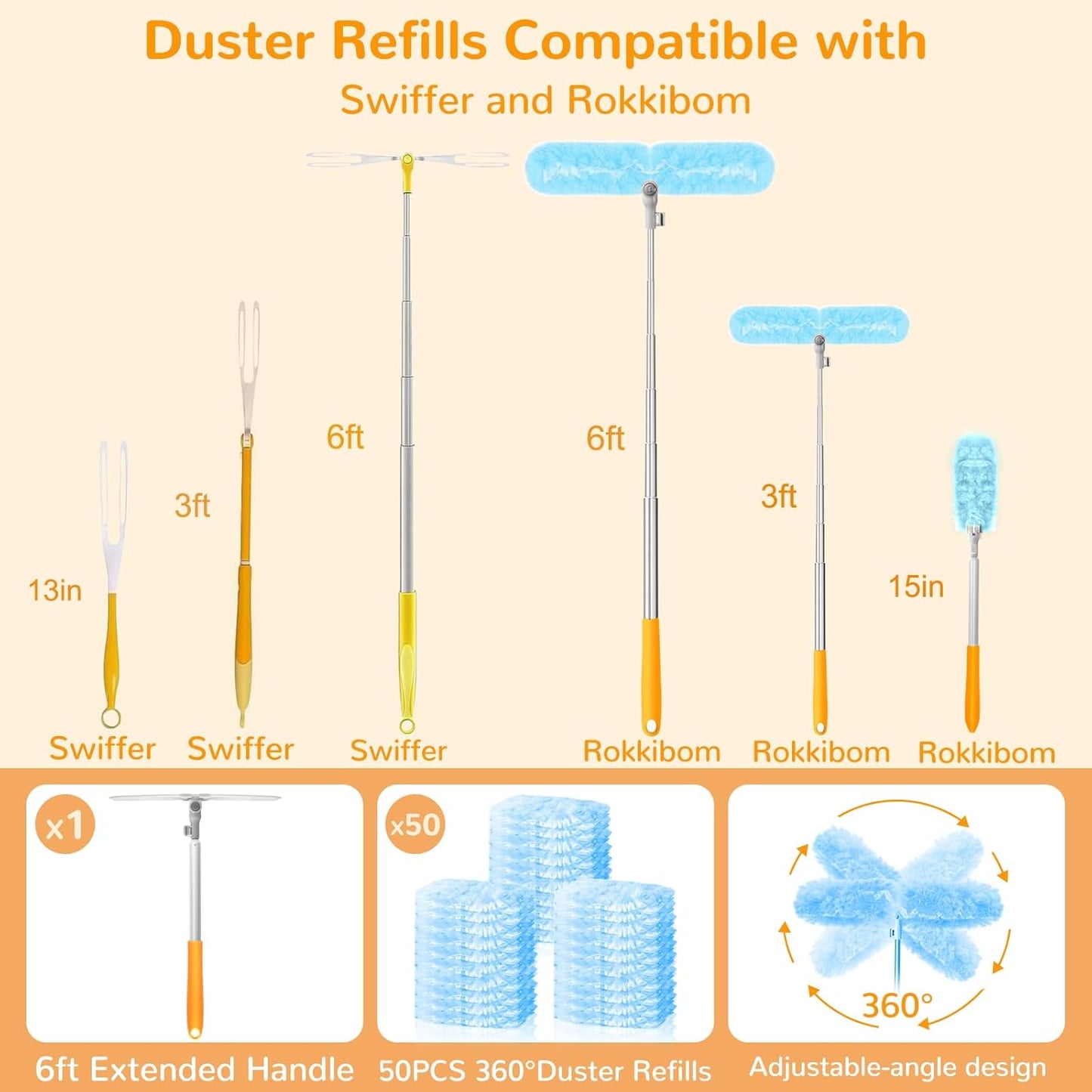 6 ft Heavy Duty Extendable Duster Handle with 50 Refills for Swiffer Duster, 360° Multi-Surface Dusters with 4X Cleaning Power for Home, Ceiling Fans, Windows, Dusting Hard-to-Reach Areas (Orange)