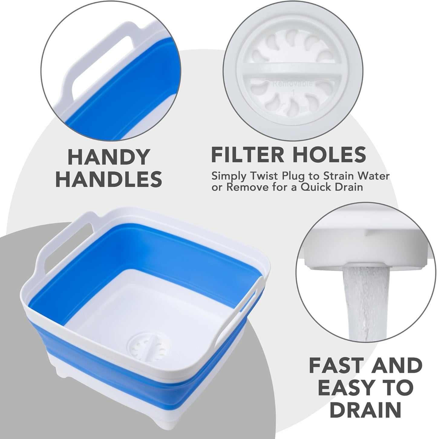 2 Pack Dishpan for Washing Dishes, 2.4Gal/9L Wash Basin with Draining Plug Carry Handles, Collapsible Bucket for Cleaning, Portable Sink, Foldable Plastic Tub
