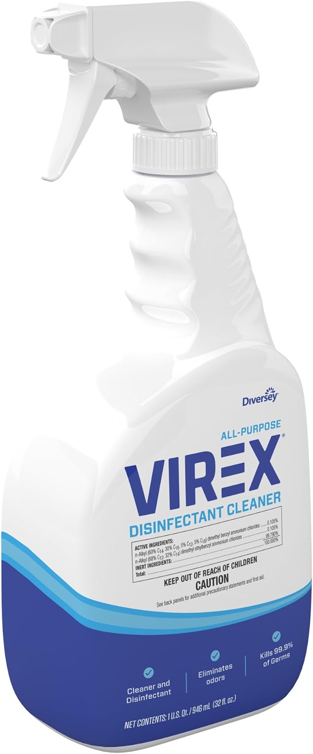 VIREX Diversey CBD540540 All Purpose Disinfectant Cleaner, For Home & Commercial Use, Kills 99.9% of Germs, Multi-Surface, Lemon Scent, Capped Ready-to-Use Spray, 32-Ounce