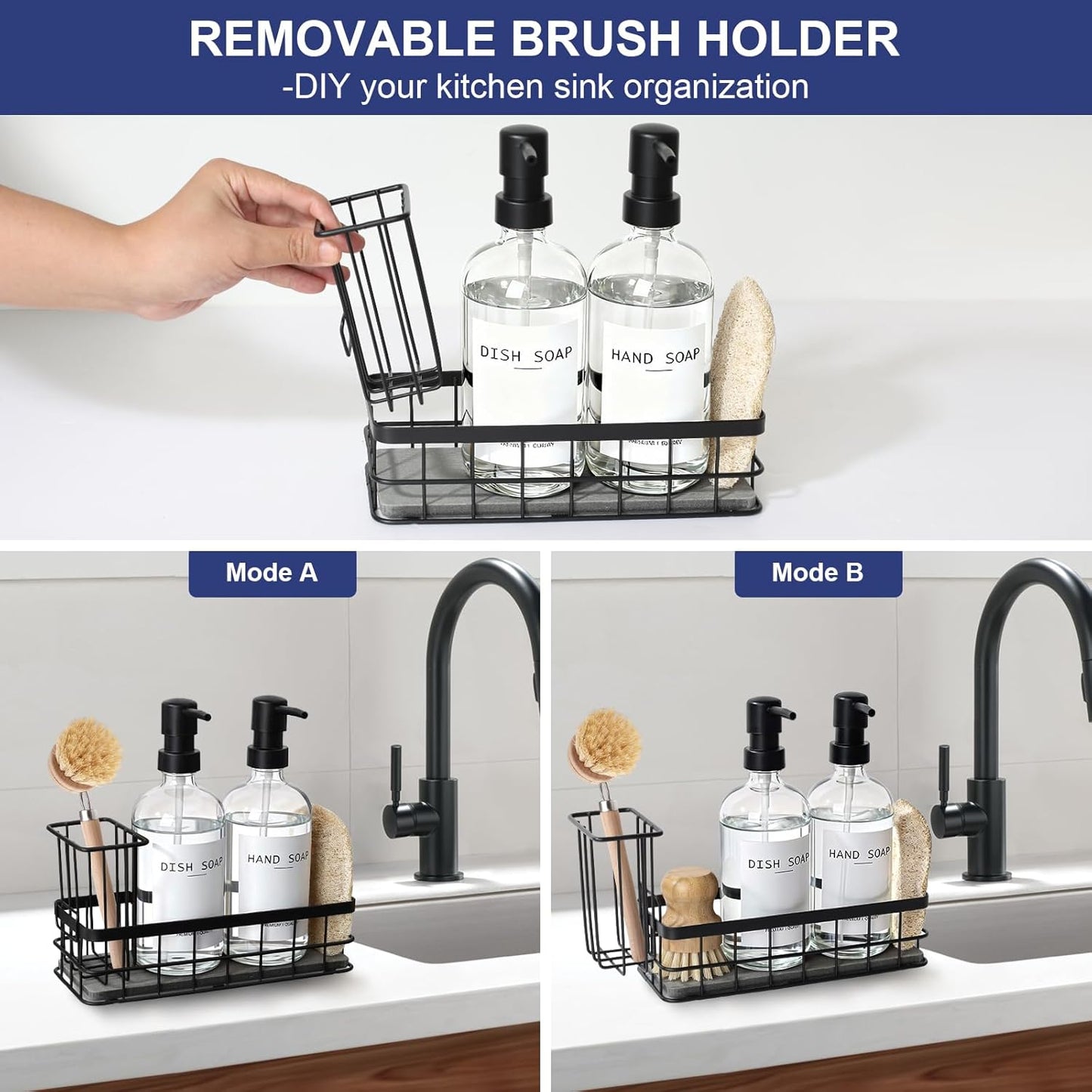 Dish Soap Dispenser for Kitchen, 16.9 fl oz Amber Hand and Dish Soap Dispensers, Kitchen Soap Dispenser Set with Sponge Holder, Brush Holder and Loofah Sponge, Countertop Sink Organizer Accessories