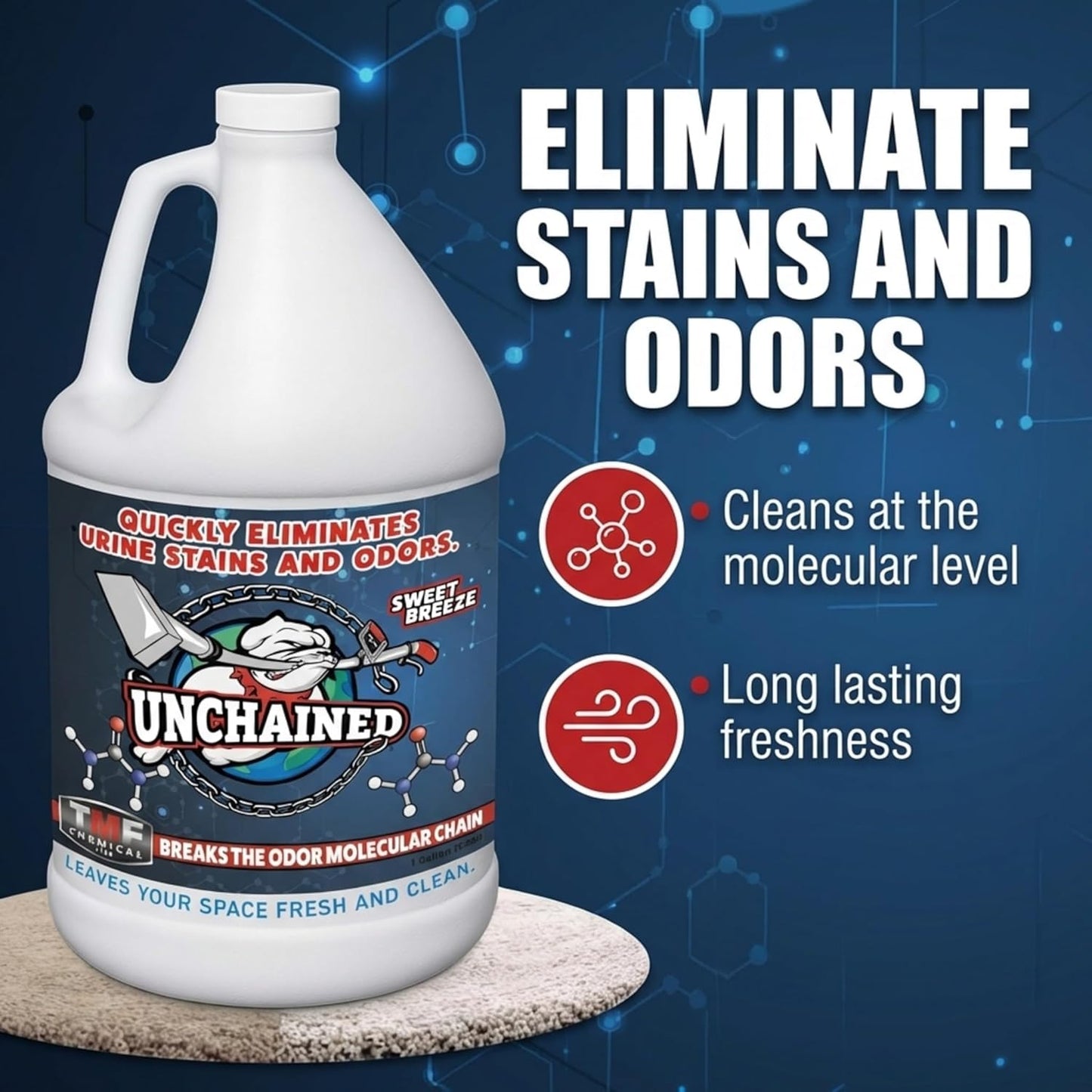 Unchained Urine Stain & Odor Remover – Cleaner for Dog & Cat, Pet Odor Eliminator on Carpet & Furniture, Industrial Strength Urine & Feces Neutralizer, Sweet Breeze – 1Gallon