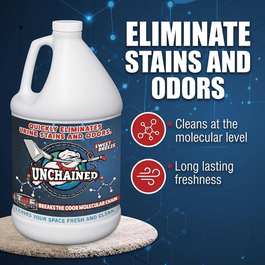 Unchained Urine Stain & Odor Remover – Cleaner for Dog & Cat, Pet Odor Eliminator on Carpet & Furniture, Industrial Strength Urine & Feces Neutralizer, Sweet Breeze – 1Gallon