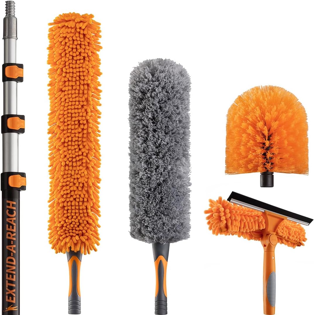 30 Foot High Reach Duster Kit with 5-24 ft Extension Pole // High Ceiling Dusting and Window Cleaning Kit with Telescopic Pole // Window Washer & Squeegee, Cobweb Duster, Fan Blade and Feather Duster