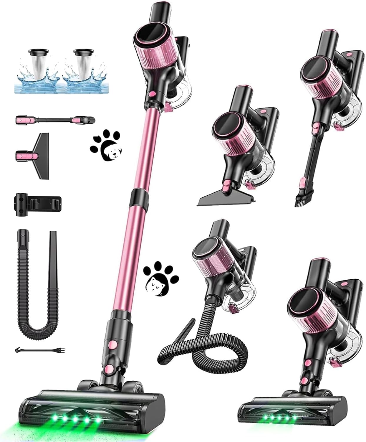 Cordless Vacuum Cleaner, 10 in 1 Stick Vacuum with Powerful Suction, Hose, Green LED Light, Anti-Tangle Brush, Lightweight Rechargeable Vacuum Cleaner for Home, Hardwood Floors,Pet Hair (Purple)