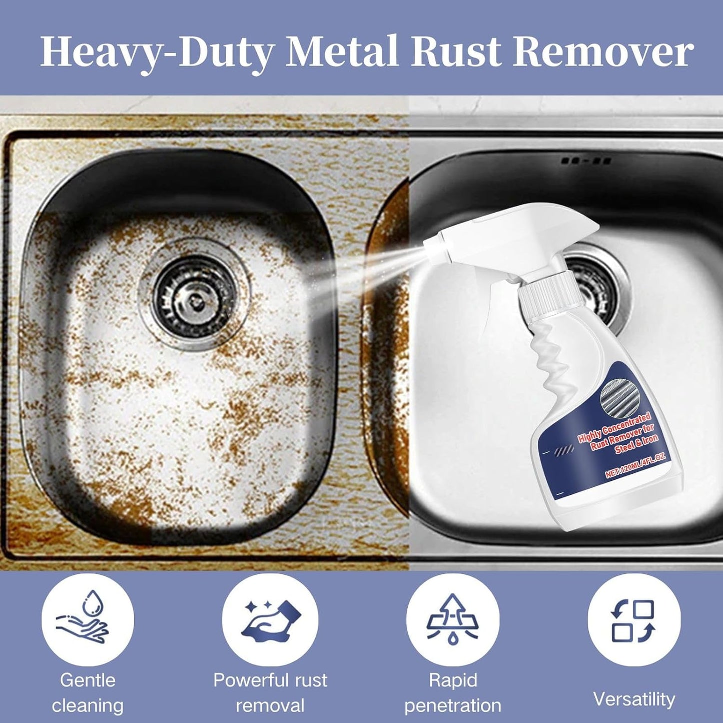 2Pcs Rust Remover,Highly Concentrated Steel Rust Remover, Heavy Duty Rust Removal For Metal,Removedor De Spray For Metal, Tools, Stainless Steel, Automotive Parts,Fast Acting Rust