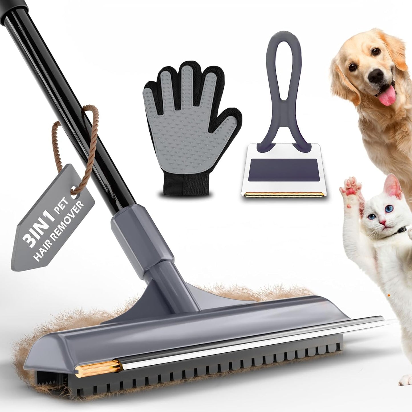 Carpet Rake for Pet Hair Removal - Reusable Dog & Cat Hair Remover with 58" Reinforced Steel Handle, 3-in-1 Professional Modular Rug Rake & Scraper Tool for Shag Rugs, Couch, Stairs (Orange)