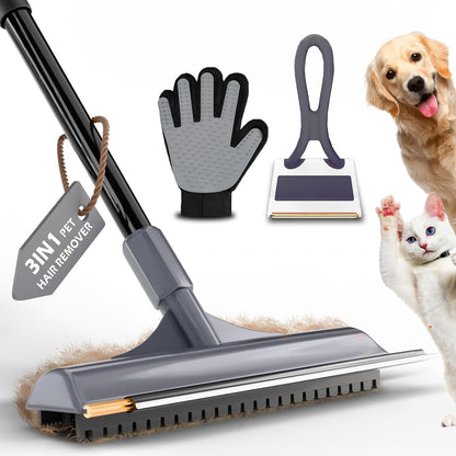 Carpet Rake for Pet Hair Removal - Reusable Dog & Cat Hair Remover with 58" Reinforced Steel Handle, 3-in-1 Professional Modular Rug Rake & Scraper Tool for Shag Rugs, Couch, Stairs (Orange)