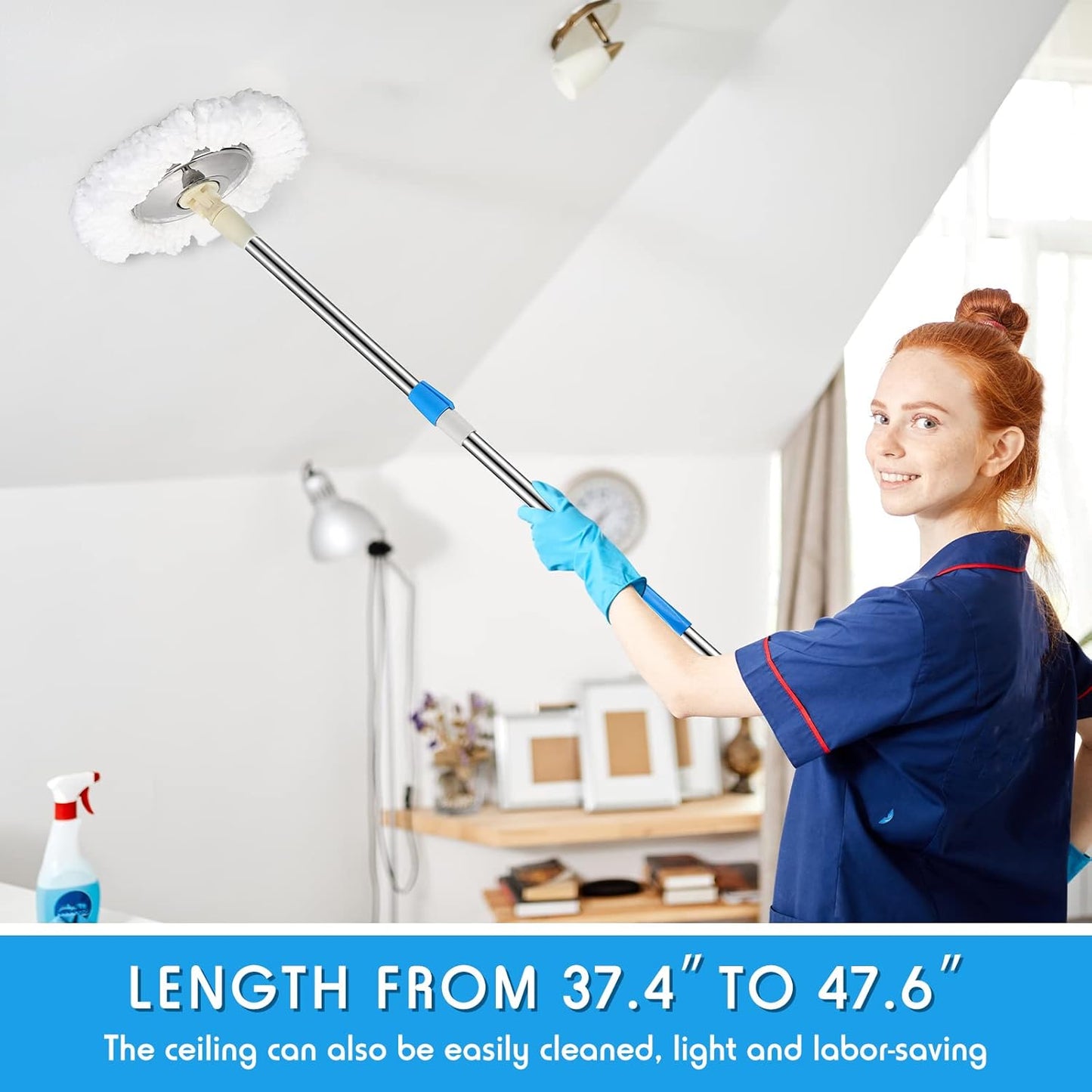 Spin Mop Replacement Handle 360 Degree Spin Mop Pole Handle Replacement Rotating Telescopic Stick for Head Replace Spinning Household Cleaning Accessories for Home(Cute Blue)