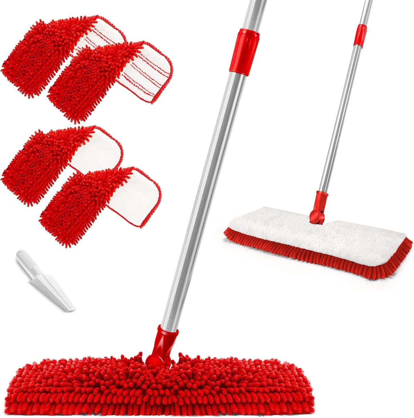 MASTERTOP Microfibre Flat Mop, Extended Wet Dry Large Floor Mop with 5 Reusable Pads & Telescopic Handle, Dust Mops for Laminate Wooden Hard Floor Vinyl Tile Floors Cleaning - Send 1 Cleaning Scraper