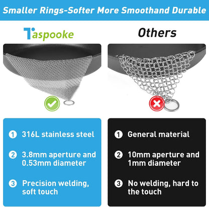 Cast Iron Cleaner and Chainmail Skillet Scrubber - 4''x4'' Upgraded 3.8mm Small Ring, 316L Stainless Steel Fine Rings - Durable Scraper for Skillets, Pans, Griddles & Containers