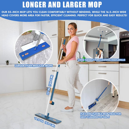 Self Wringing Microfiber Flat Mop and Bucket System with 16.5" Large Head and 55" Long Handle for Floor Wall Cleaning, 5 Microfiber Pads and Foldable Bucket, Wet and Dry