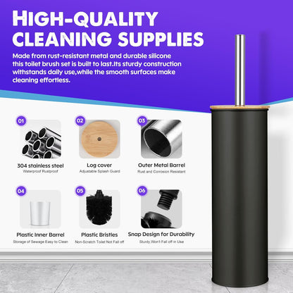 Compact Toilet Brush and Holder 2 Pack,SetStainless Steel Handle Toilet Brush,Deep Cleaning,Durable Nylon bristles,Splash-Proof Design(White&Black)