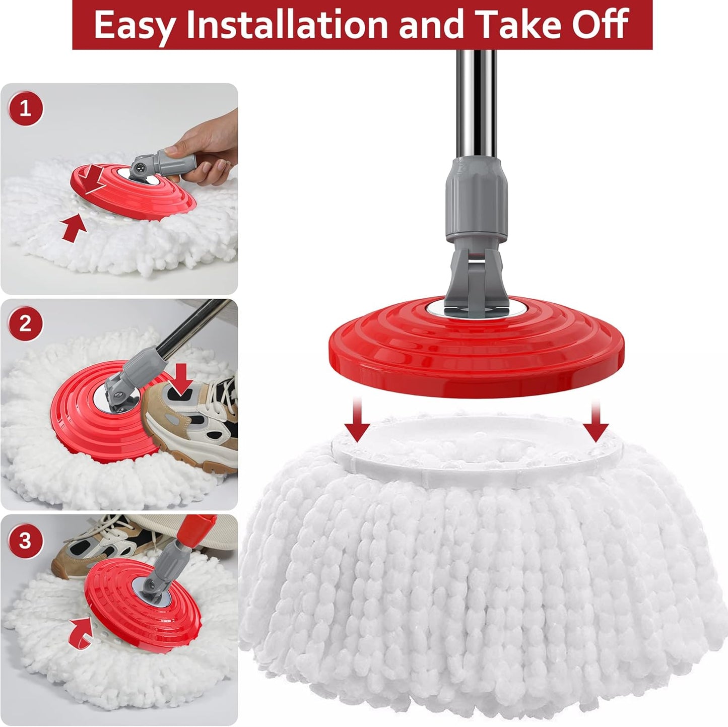 Stainless Steel Extendable Mop Handle with 2 Microfiber Replacement Heads & 360° Rotating Base Plate — Fits Standard Mop Buckets -White