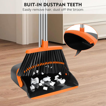 Broom and Dustpan Set for Home, 51-in Long Adjustable Handle Angle Broom and Dustpan Combo Set with Dust Pan Teeth to Clean Hair for Home Kitchen Office Lobby Floor Garden (Black&White)
