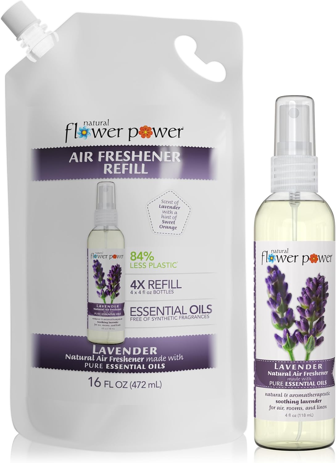 Natural Flower Power Air Freshener Spray - Odor Eliminator with Essential Oils for Home, Car & Fabric - Cruelty Free & Vegan - Variety Pack - Citrus & Spice + Lavender + Lemongrass - 3 x 4 fl oz