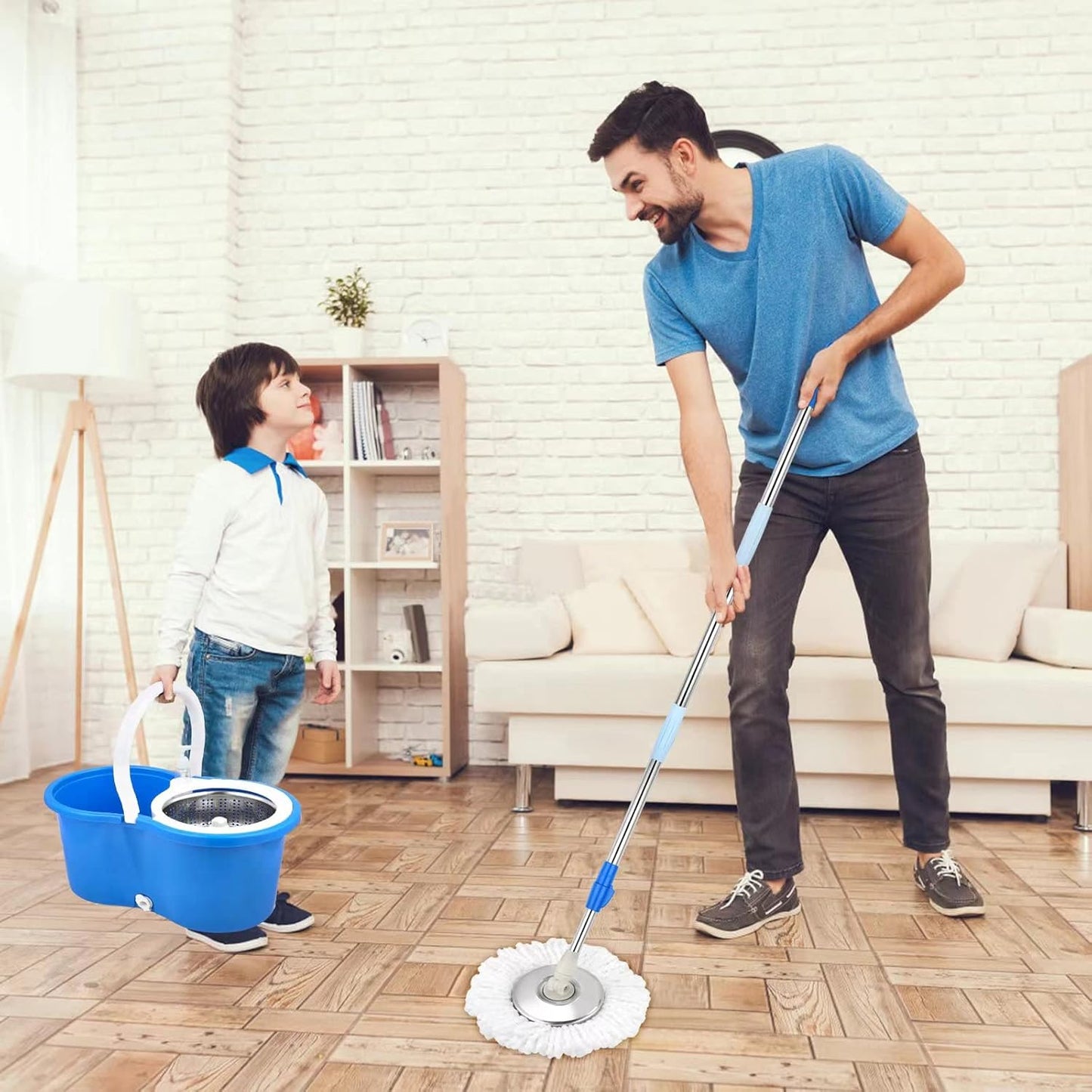 Spin Mop and Bucket with Wringer Set，Mop and Bucket Set for Floor Cleaning with 3 Mop Refills 61 inches Telescoping Rod for Office and Home use