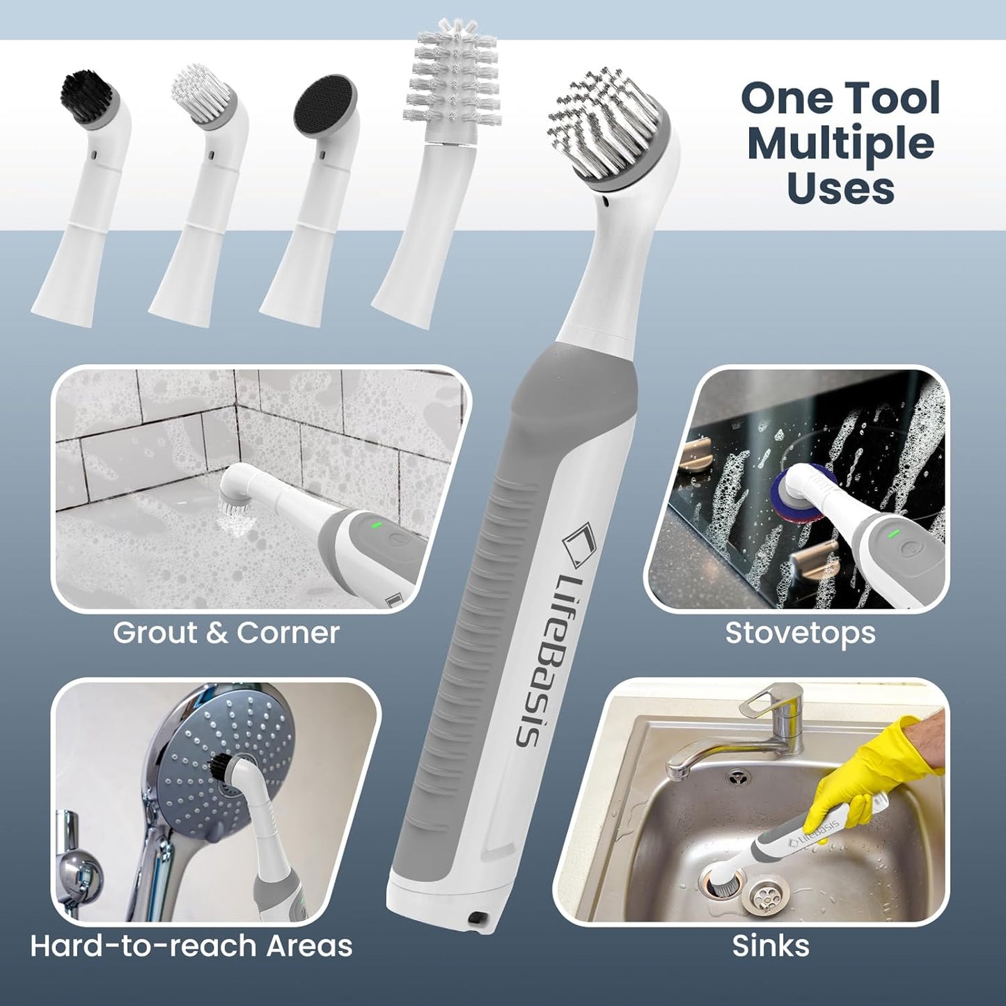 LifeBasis Rechargeable Power Scrubber, Cordless Electric Cleaning Brush, Water Resistant Small Electric Grout Brush with 5 Brushes for Home/Kitchen/Bathroom/Grout/Tile/Shower/Tub, White