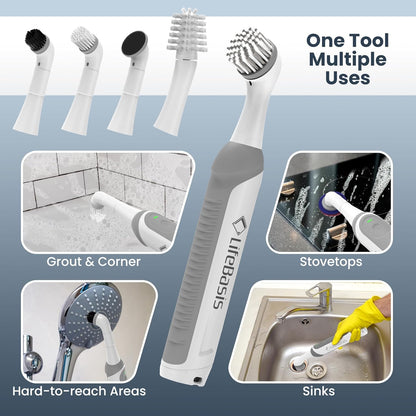 LifeBasis Rechargeable Power Scrubber, Cordless Electric Cleaning Brush, Water Resistant Small Electric Grout Brush with 5 Brushes for Home/Kitchen/Bathroom/Grout/Tile/Shower/Tub, White